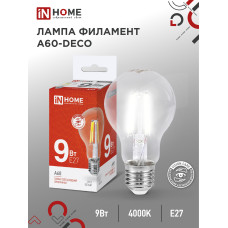 Лампа светодиодная LED-A60-deco 9Вт 230В Е27 4000К 1040Лм прозрачная IN HOME 4690612008073 Лампа светодиодная LED-A60-deco 9Вт 230В Е27 4000К 1040Лм прозрачная IN HOME 4690612008073
