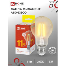 Лампа светодиодная LED-A60-deco 11Вт 230В Е27 3000К 1160Лм прозрачная IN HOME 4690612026121 Лампа светодиодная LED-A60-deco 11Вт 230В Е27 3000К 1160Лм прозрачная IN HOME 4690612026121