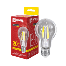 Лампа светодиодная LED-A60-deco 20Вт 230В Е27 3000К 1890Лм прозрачная IN HOME 4690612063171 Лампа светодиодная LED-A60-deco 20Вт 230В Е27 3000К 1890Лм прозрачная IN HOME 4690612063171