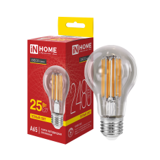 Лампа светодиодная LED-A65-deco 25Вт 230В Е27 3000К 2480Лм прозрачная IN HOME 4690612063188 Лампа светодиодная LED-A65-deco 25Вт 230В Е27 3000К 2480Лм прозрачная IN HOME 4690612063188