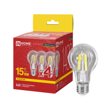 Лампа светодиодная LED-A60-deco 4PACK 15Вт 230В Е27 3000К 1480Лм (4шт./упак) прозрачная IN HOME 4690612063201 Лампа светодиодная LED-A60-deco 4PACK 15Вт 230В Е27 3000К 1480Лм (4шт./упак) прозрачная IN HOME 4690612063201
