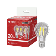 Лампа светодиодная LED-A60-deco 4PACK 20Вт 230В Е27 4000К 1890Лм (4шт./упак) прозрачная IN HOME 4690612063232 Лампа светодиодная LED-A60-deco 4PACK 20Вт 230В Е27 4000К 1890Лм (4шт./упак) прозрачная IN HOME 4690612063232