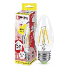 Лампа светодиодная LED-СВЕЧА-deco 5Вт 230В Е27 3000К 450Лм прозрачная IN HOME 4690612007588 Лампа светодиодная LED-СВЕЧА-deco 5Вт 230В Е27 3000К 450Лм прозрачная IN HOME 4690612007588