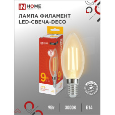 Лампа светодиодная LED-СВЕЧА-deco 9Вт 230В Е14 3000К 1040Лм прозрачная IN HOME 4690612026183 Лампа светодиодная LED-СВЕЧА-deco 9Вт 230В Е14 3000К 1040Лм прозрачная IN HOME 4690612026183