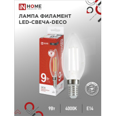 Лампа светодиодная LED-СВЕЧА-deco 9Вт 230В Е14 4000К 1040Лм прозрачная IN HOME 4690612026206 Лампа светодиодная LED-СВЕЧА-deco 9Вт 230В Е14 4000К 1040Лм прозрачная IN HOME 4690612026206