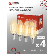 Лампа светодиодная LED-СВЕЧА-deco 4PACK 9Вт 230В Е14 3000К 1040Лм (4шт./упак) прозрачная IN HOME 4690612052540 Лампа светодиодная LED-СВЕЧА-deco 4PACK 9Вт 230В Е14 3000К 1040Лм (4шт./упак) прозрачная IN HOME 4690612052540
