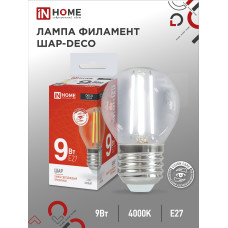 Лампа светодиодная LED-ШАР-deco 9Вт 230В Е27 4000К 1040Лм прозрачная IN HOME 4690612026282