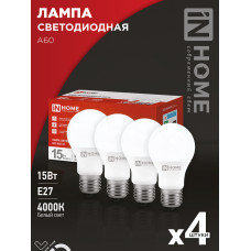 Лампа светодиодная LED-A60-VC 4PACK 15Вт 230В Е27 4000К 1430Лм (4шт./упак) IN HOME 4690612047683